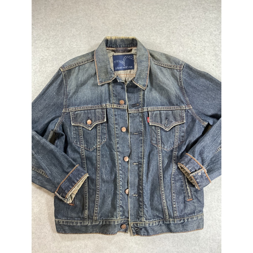Levis Red Tab Slim Trucker Denim Jacket Mens Large Dark Wash Cotton 1812 - Picture 1 of 6